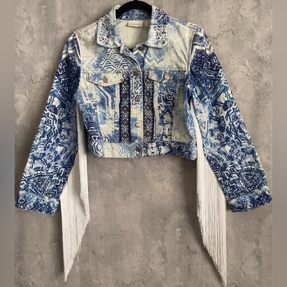 Chico's Jackets & Blazers - Chico’s Women’s Blue/white Jean Jacket  Artisan Pattern Beaded Fringe Crop Sz0